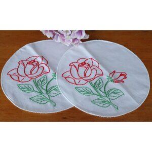 2 Vintage Doily Doilies Hand Embroidered Red Rose Table Topper Cotton